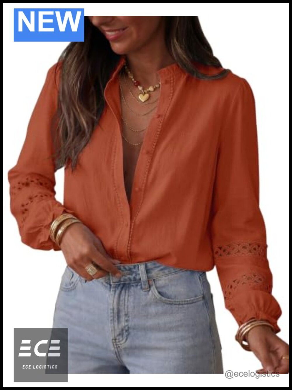 Eyelet Button Up Shirt 100% Cotton Lace Long Sleeve Blouse